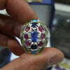 Natural Ceylon Blue Sapphire African Ruby Neshapuri Feroza Peridot Silver Ring