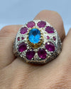 Real Swiss London Blue Topaz With Natural Afghani Pinkish Ruby Multigems Ring