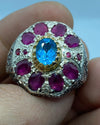 Real Swiss London Blue Topaz With Natural Afghani Pinkish Ruby Multigems Ring