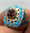 Blood Red African Ruby Ring With Natural Turquoise Feroza Stone Heavy Silver Rin