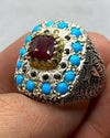 Blood Red African Ruby Ring With Natural Turquoise Feroza Stone Heavy Silver Rin