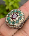 Natural Garnet Stone With Multi Zambian Emerald Zamurd Stone Ring Multigems Ring