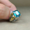 Xmas Gift Blue Topaz Sterling Silver Ring With Round Emerald Blue Topaz Ring Men