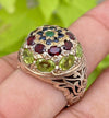 Natural Emerald Blue Sapphire Red Garnet Peridot Handmade Multistone Silver Ring