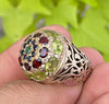 Natural Emerald Blue Sapphire Red Garnet Peridot Handmade Multistone Silver Ring