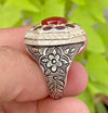 Original Yemeni Aqeeq Agate with Red Garnet Stone Ring Real Yamani Aqeeq Agate