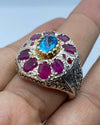 Real Swiss London Blue Topaz With Natural Afghani Pinkish Ruby Multigems Ring