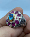 Real Swiss London Blue Topaz With Natural Afghani Pinkish Ruby Multigems Ring