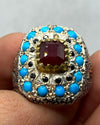 Blood Red African Ruby Ring With Natural Turquoise Feroza Stone Heavy Silver Rin