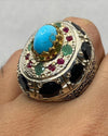 Original Turquoise Feroza Emerald Ruby Blue Sapphire Multistone Ring For Mens