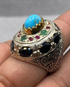 Original Turquoise Feroza Emerald Ruby Blue Sapphire Multistone Ring For Mens