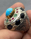 Original Turquoise Feroza Emerald Ruby Blue Sapphire Multistone Ring For Mens