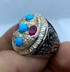 Original Turquoise Feroza With Real Ruby Yaqoot Stone Ring Christmas Gift Mens