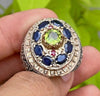 Natural Peridot Blue Sapphire Stone Ring Untreated Gemstone Ring In Silver 925