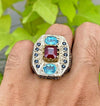 Natural Ruby Ring With Blue Topaz and Blue Sapphire Multi Gemstone Ring For Mens