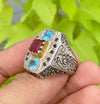 Natural Ruby Ring With Blue Topaz and Blue Sapphire Multi Gemstone Ring For Mens